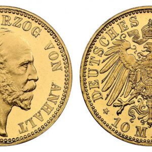 World Coins ("GERMAN STATES. Anhalt-Dessau. Friedrich I. 1901-A AV 10 Mark. NGC PR65 UCAM (Ultra Cameo). Berlin. Edge: GOTT MIT UNS. 3.98gm. FRIEDRICH HERZOG VON ANHALT. Head right / DEUTSCHES REICH date 10 MARK. Crowned imperial German eagle. KM 25. Proof; Fr.-3750;)