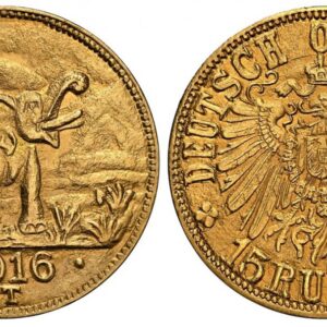 World Coins ("GERMAN EAST AFRICA. Wihelm II. 1916-T AV 15 Rupien. NGC MS66. Tabora. Crowned imperial eagle, right arabesque ends below ""T"" of ""OSTAFRIKA"" / Elephant roaring right above date. KM 16.1; Jaeger 728b. Tabora Emergency Issue. Please use this link to )