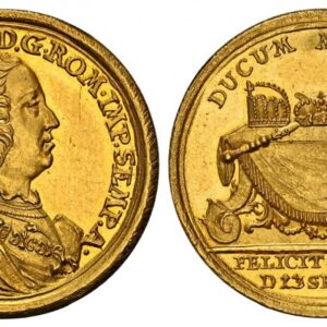 World Coins ("GERMAN STATES. Frankfurt Am Main. Franz I. 1745 AV Ducat. NGC MS63. By Johann Leonard Öxlein. Edge: Plain. 3.49gm. FRANCISCUS I. D. G. ROM. IMP. SEMP. A. Bust, right; laureate, I.L. OE on truncation / DUCUM MAXIMUS. Royal regalia on draped table, date i)